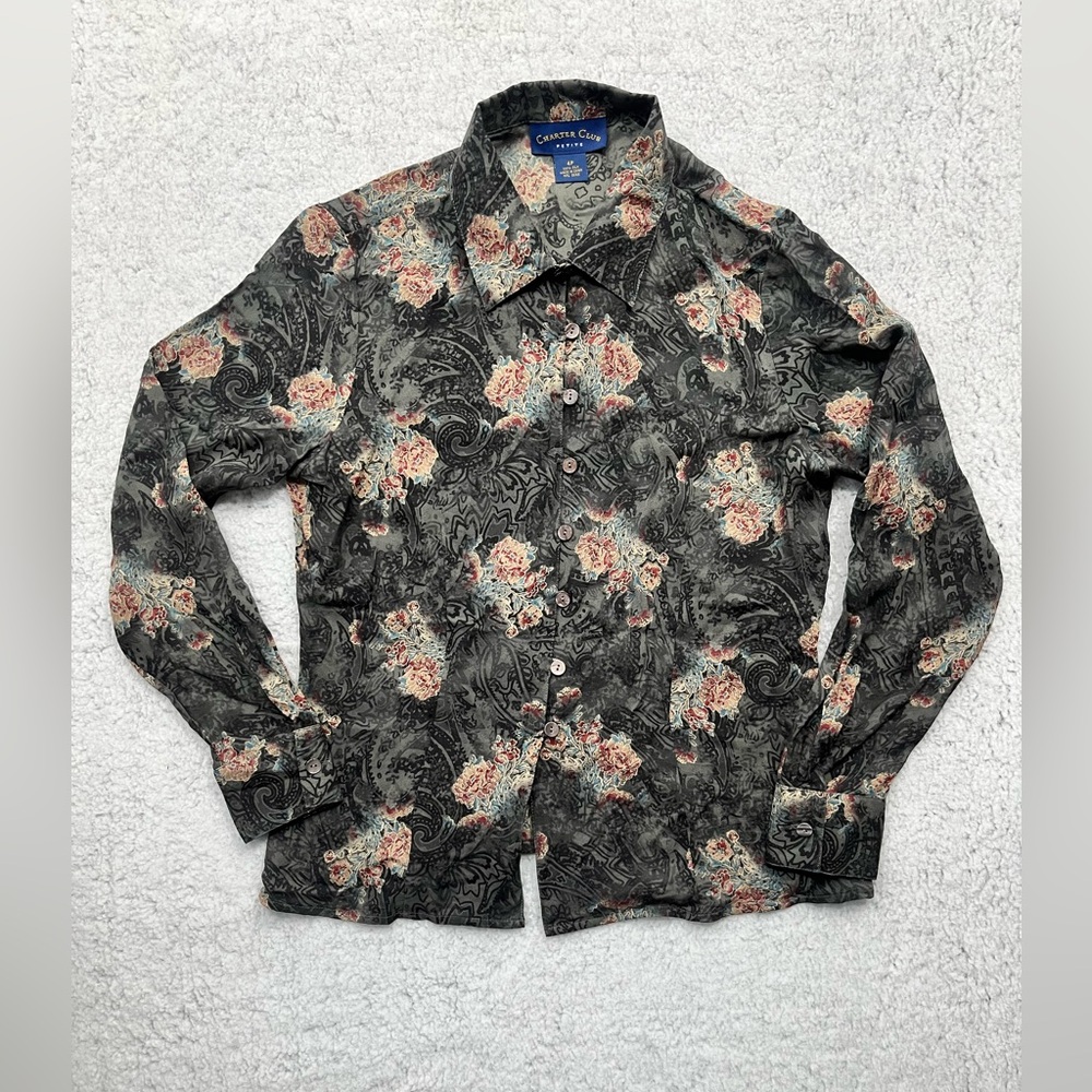 Women's Charter Club Silk Black Floral Button Down Long Sleeve Blouse Size 4 P